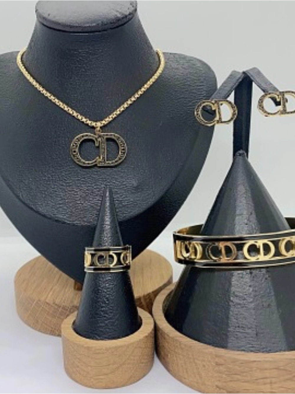 Gold Tone Logo Jewelry Set - Necklace, Bracelet, Ring, Earrings